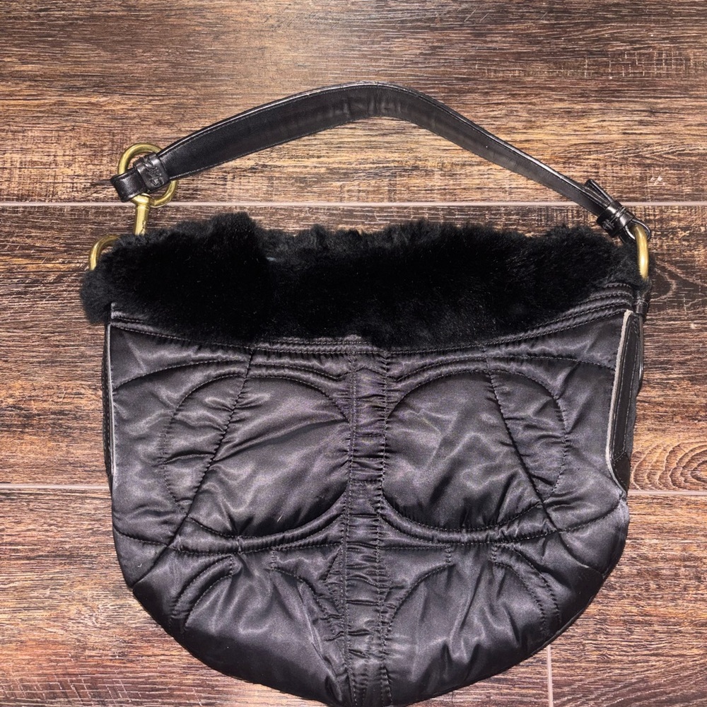 Black Quilted Shoulder Bag with Faux Fur Trim